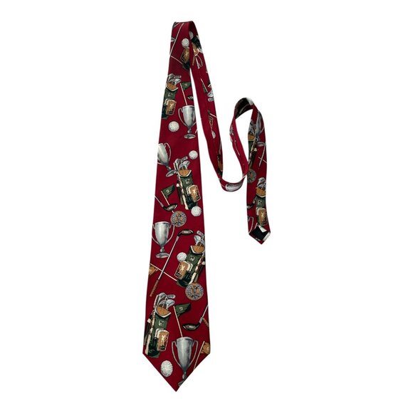 Vtg 1990s Spencer & Lowe Golf Themed Silk Necktie – Red Trophy & Clubs Print - Picture 1 of 4